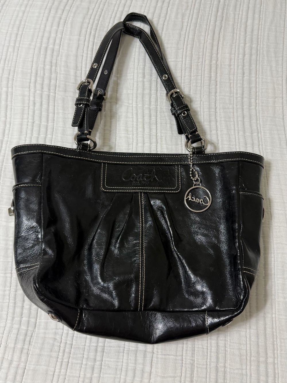 Coach Black Leather Shoulder Tote with Logo Charm